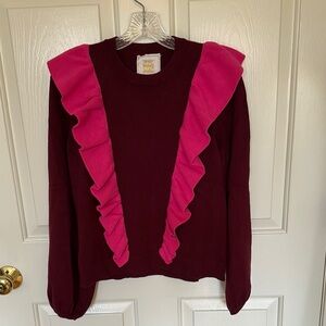 Women’s Burgundy Sweater with Pink Ruffle Detail